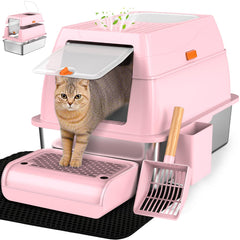 Vivifying caja de arena rosa de acero inoxidable frente entrada, ideal para gatos grandes.