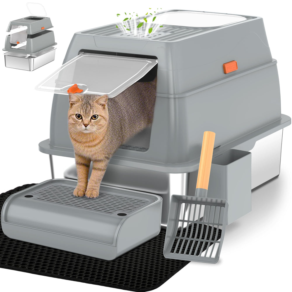 Vivifying caja de arena para gatos con entrada frontal gris, acceso cómodo y limpieza sencilla