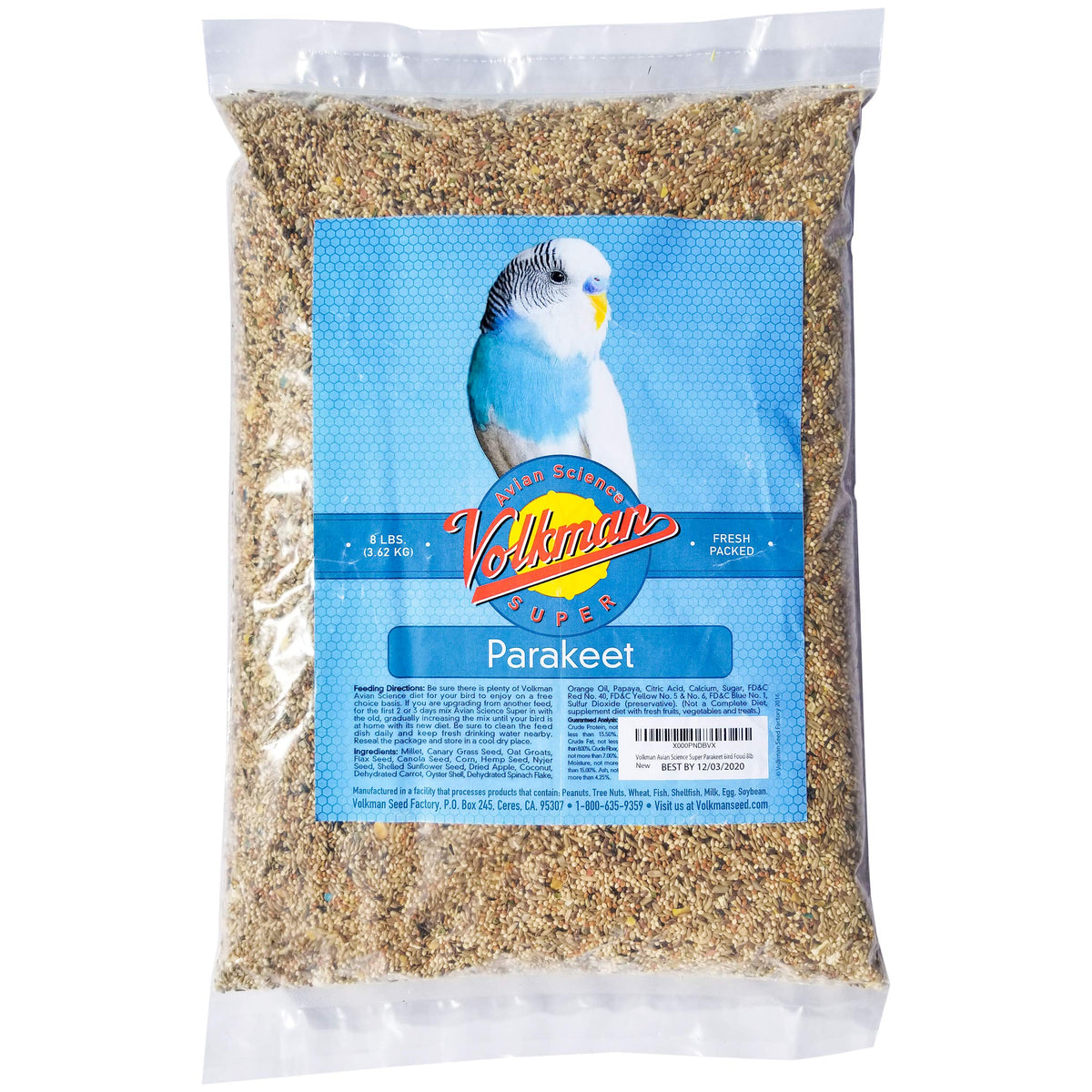 Volkman AS Super Periquito, bolsa de 8 libras, comida balanceada que apoya la salud de aves pequeñas.