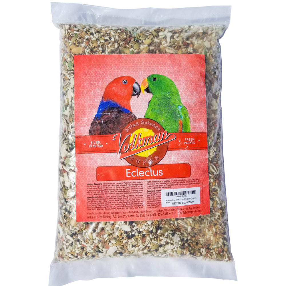 Volkman Avian Science Eclectus, empaque visible, alimento limpio y apto para Eclectus.