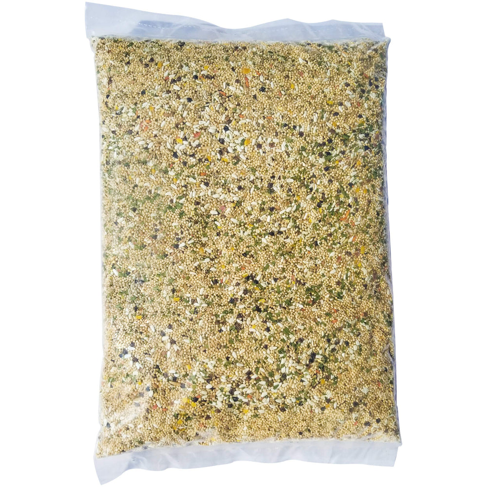 Volkman Ciencia Avícola: mezcla de granos y frutas para aves pequeñas, textura y sabor.
