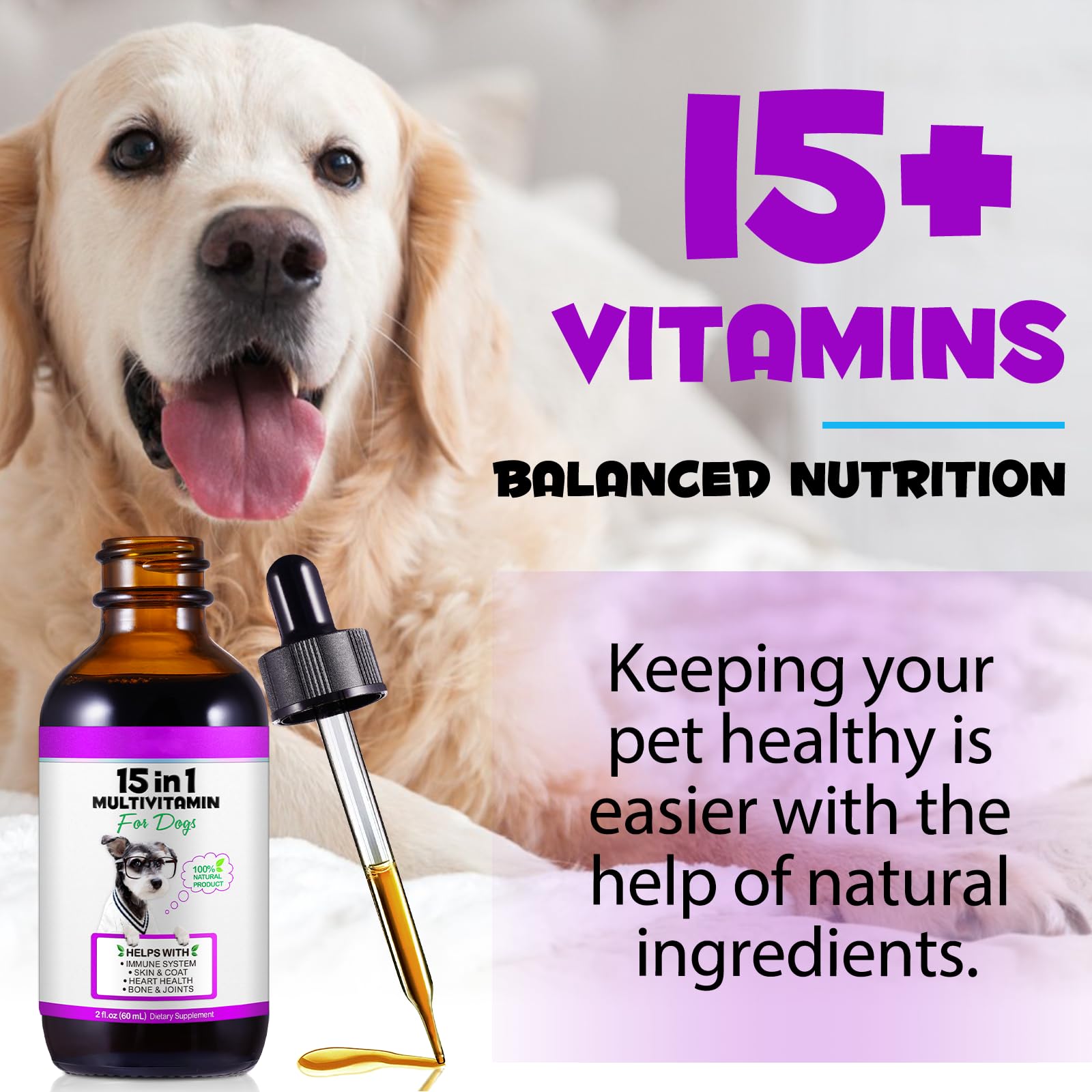 VOSIFSDIY multivitamínico para perros, vidrio medidor para dosis precisas.