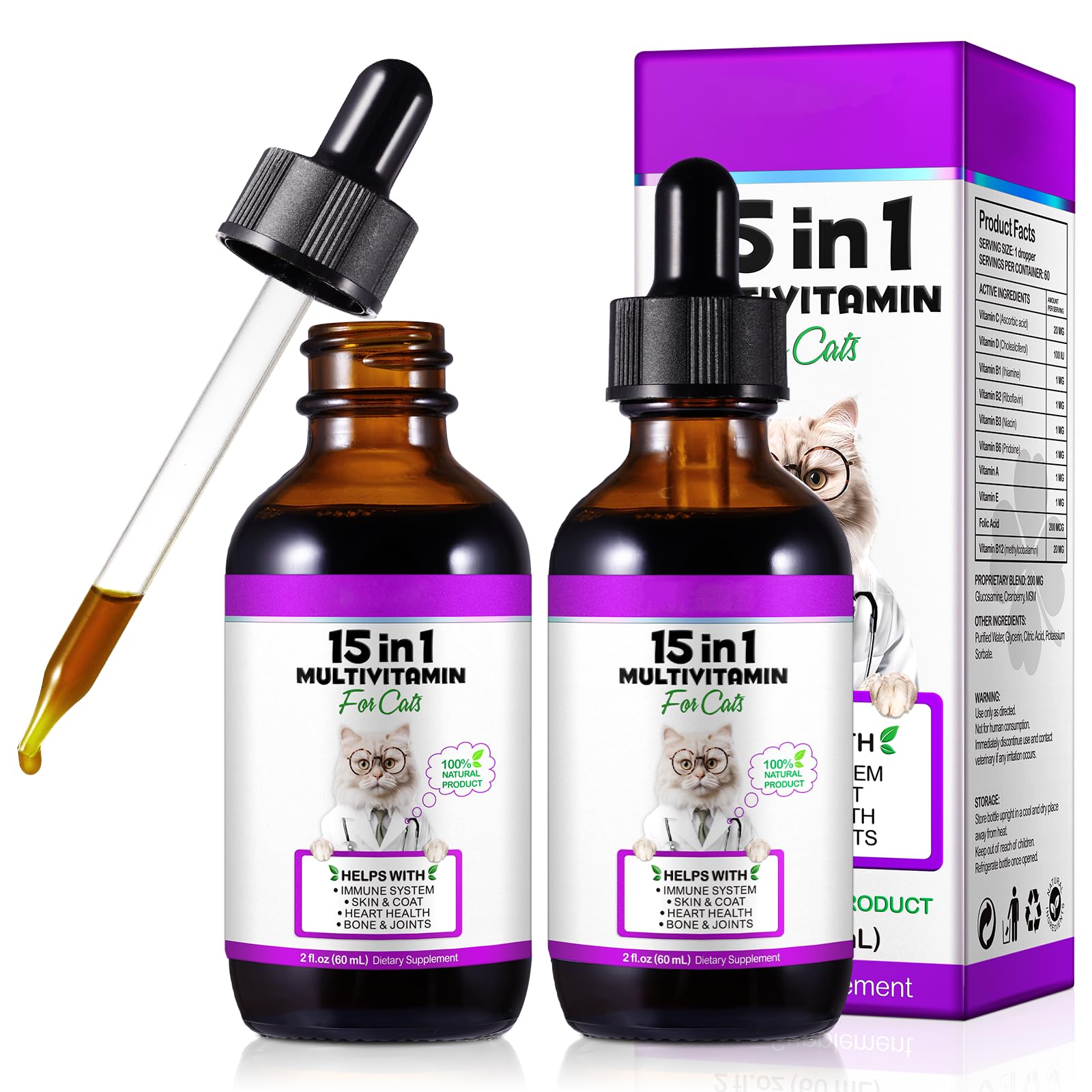 VOSIFSDIY Cat Multivitamínico 15 en 1, gotas para gatos, apoyo general.