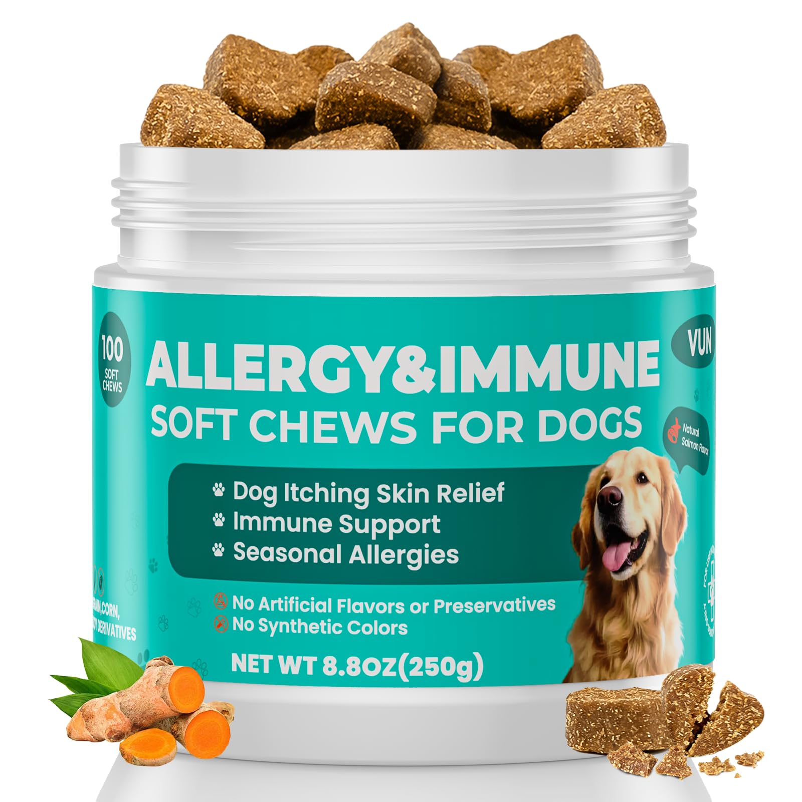 VUN Dog Allergy Relief Chews empaque; apoyo inmunitario para perros.