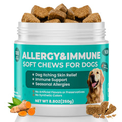 VUN Dog Allergy Relief Chews empaque; apoyo inmunitario para perros.