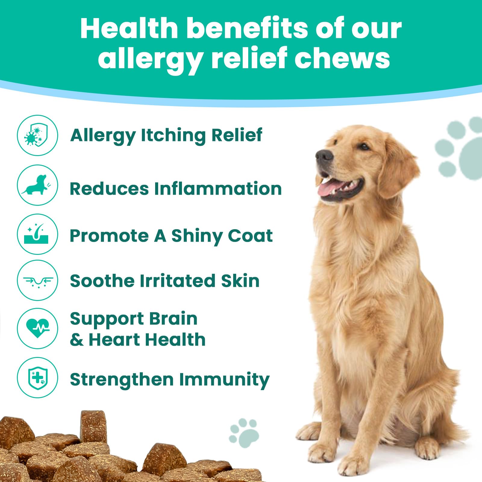 VUN Dog Allergy Relief Chews primer plano; omega-3 y probióticos para piel y pelaje.