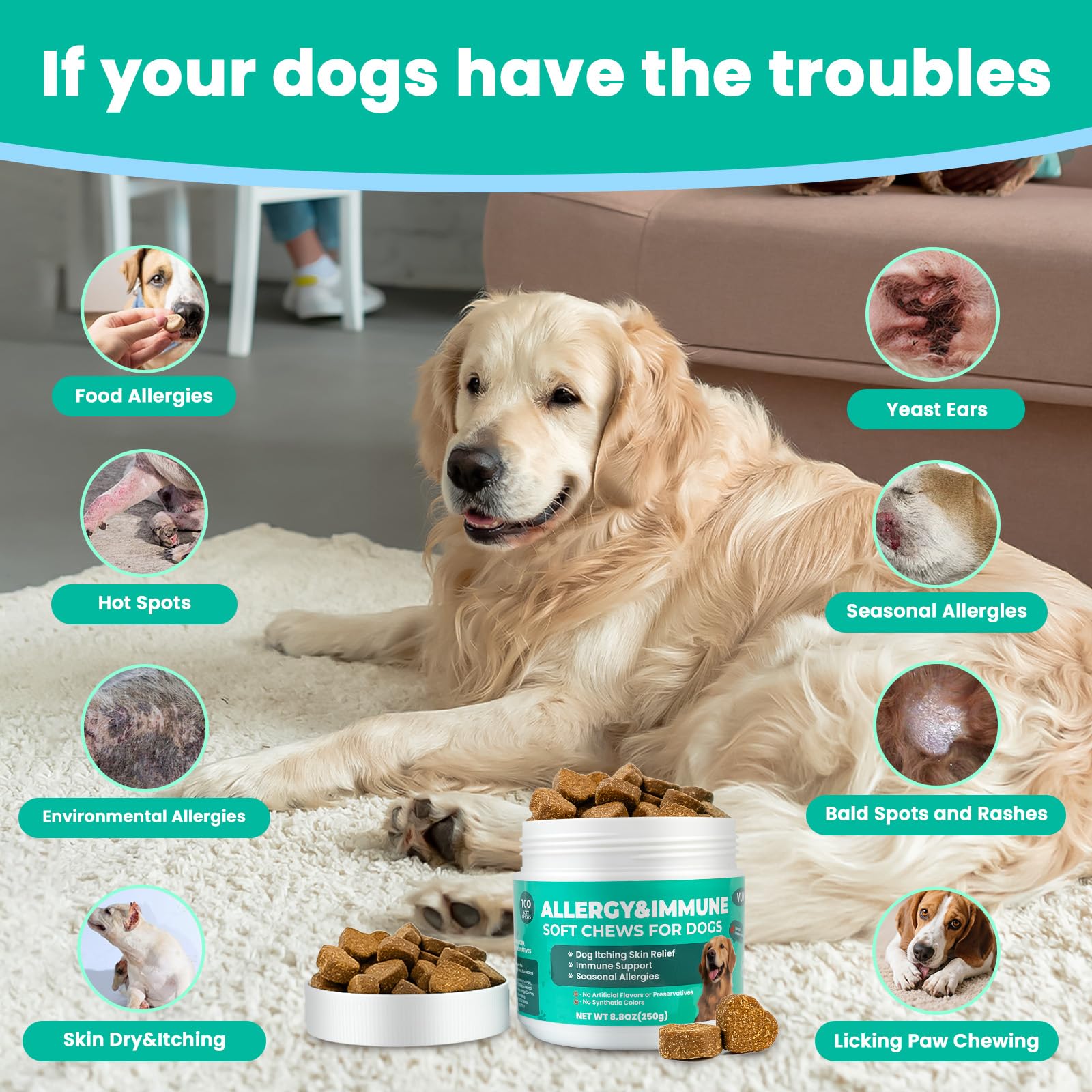 VUN Dog Allergy Relief Chews perro comiendo; sabor a salmón para aceptación.