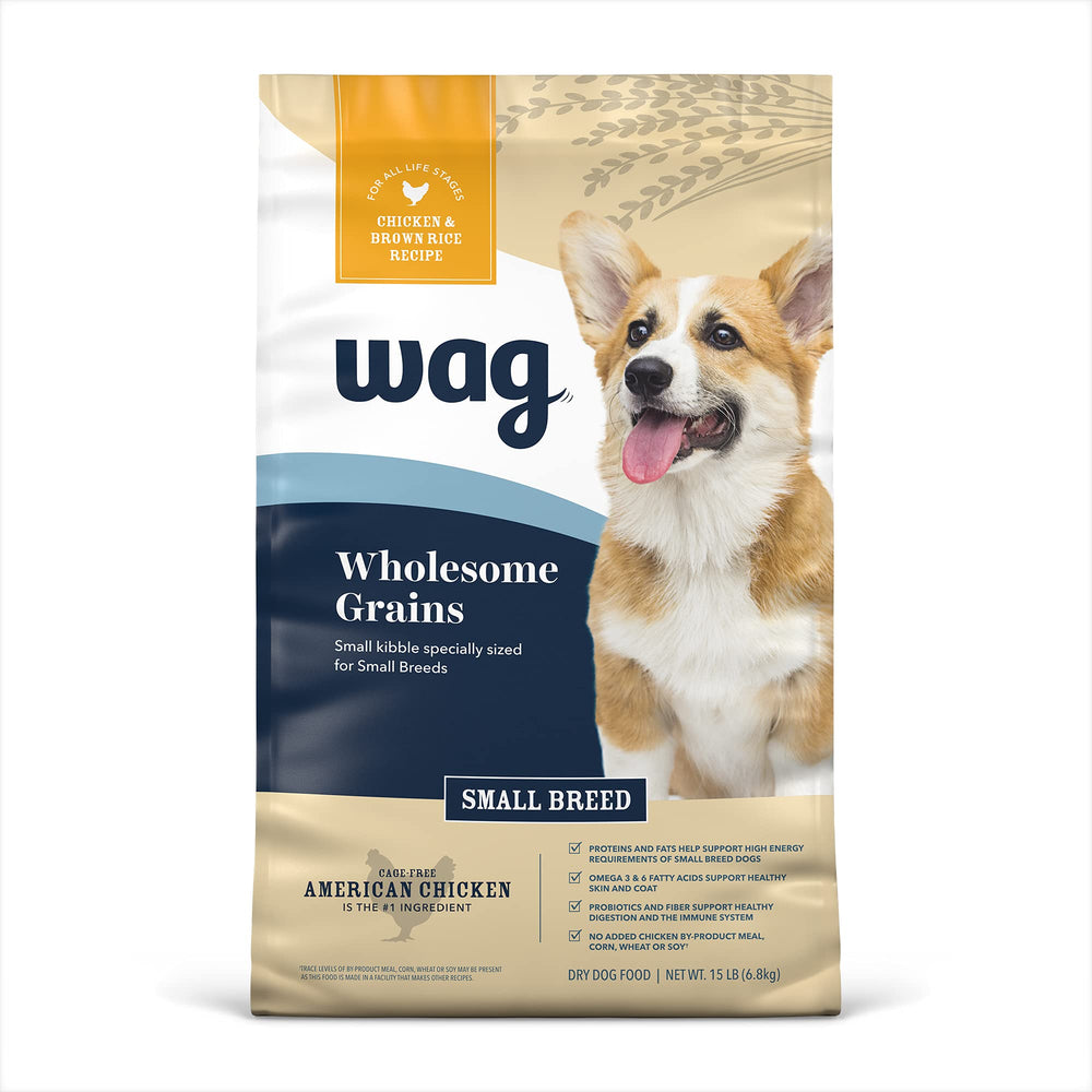 WAG alimento seco para cachorros pequeños, pollo y arroz; opción diaria para comer.
