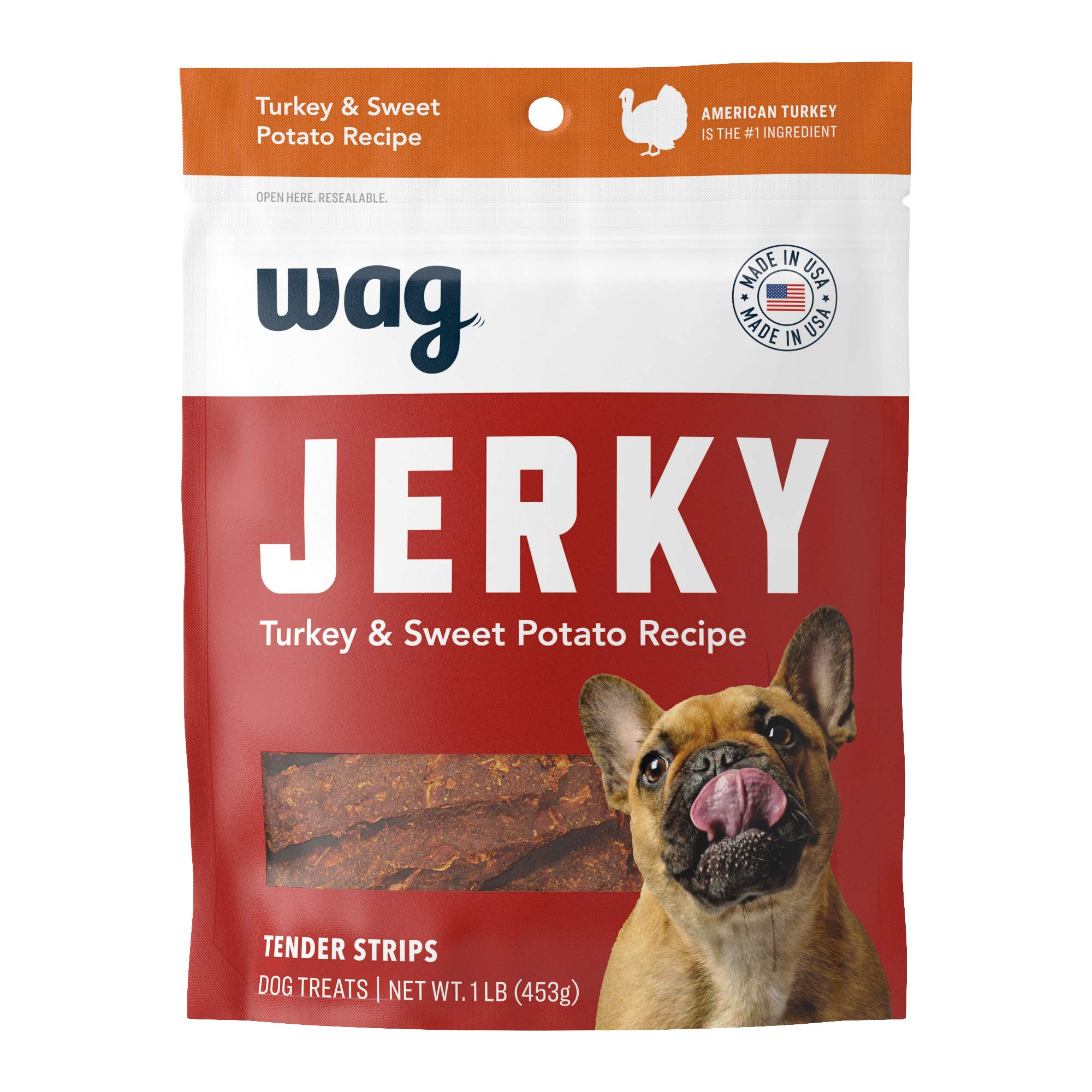 Wag jerky bag front highlighting USA-made ingredients and tender texture for easy chew