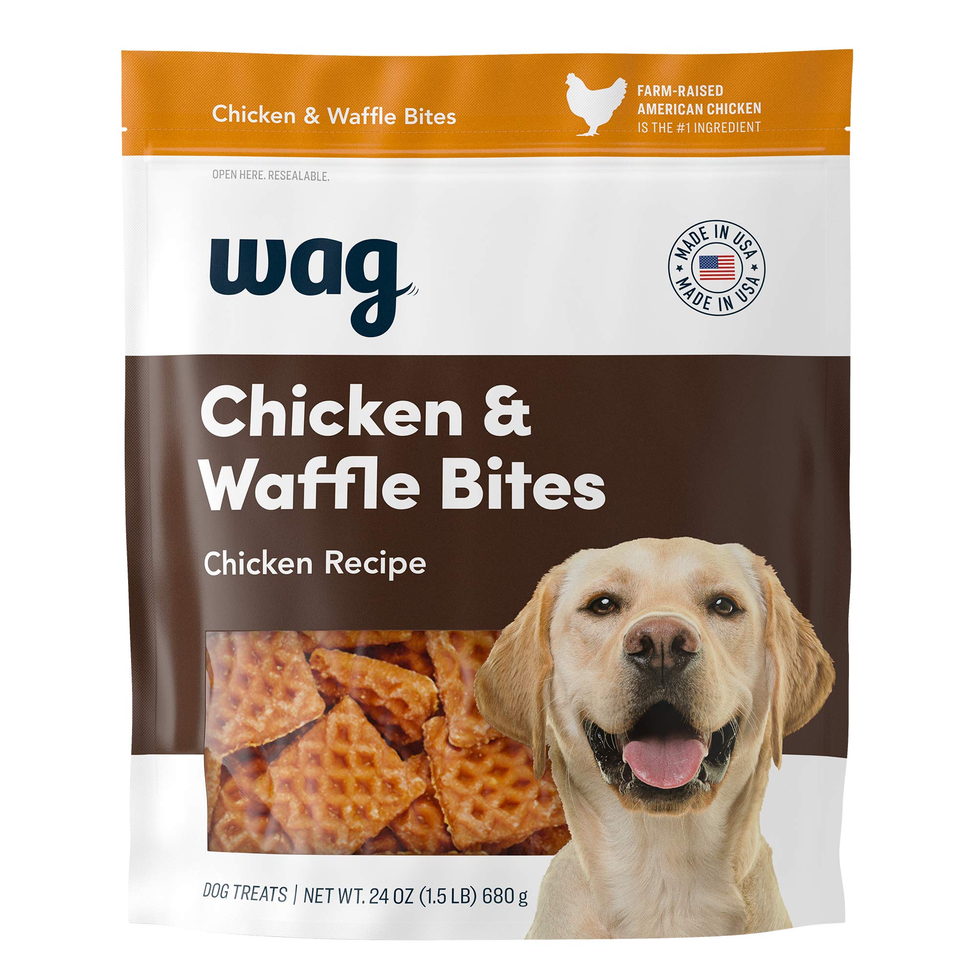 WAG Chicken and Waffle Bites bag shown with reseal feature for freshness