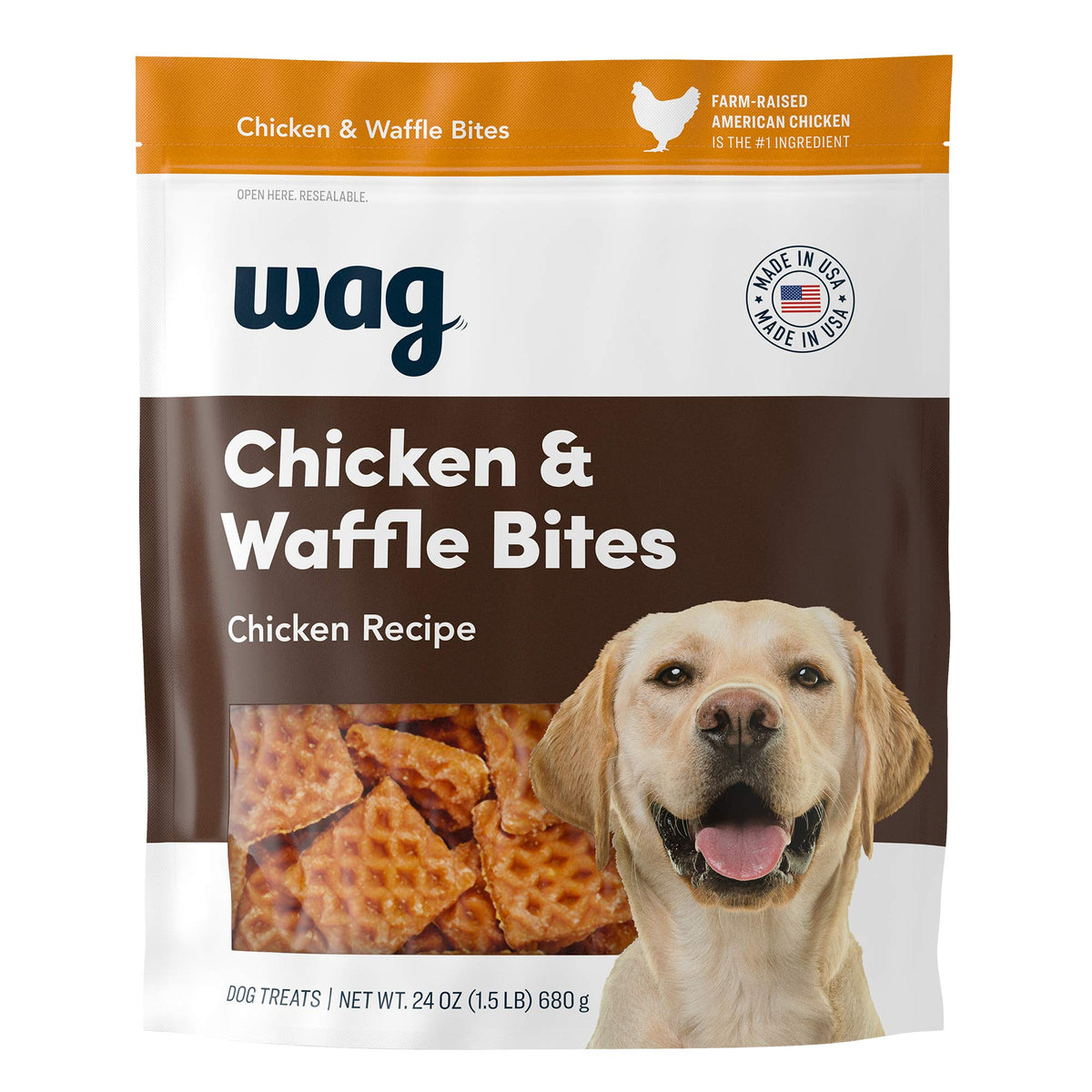 WAG Chicken and Waffle Bites bag shown with reseal feature for freshness