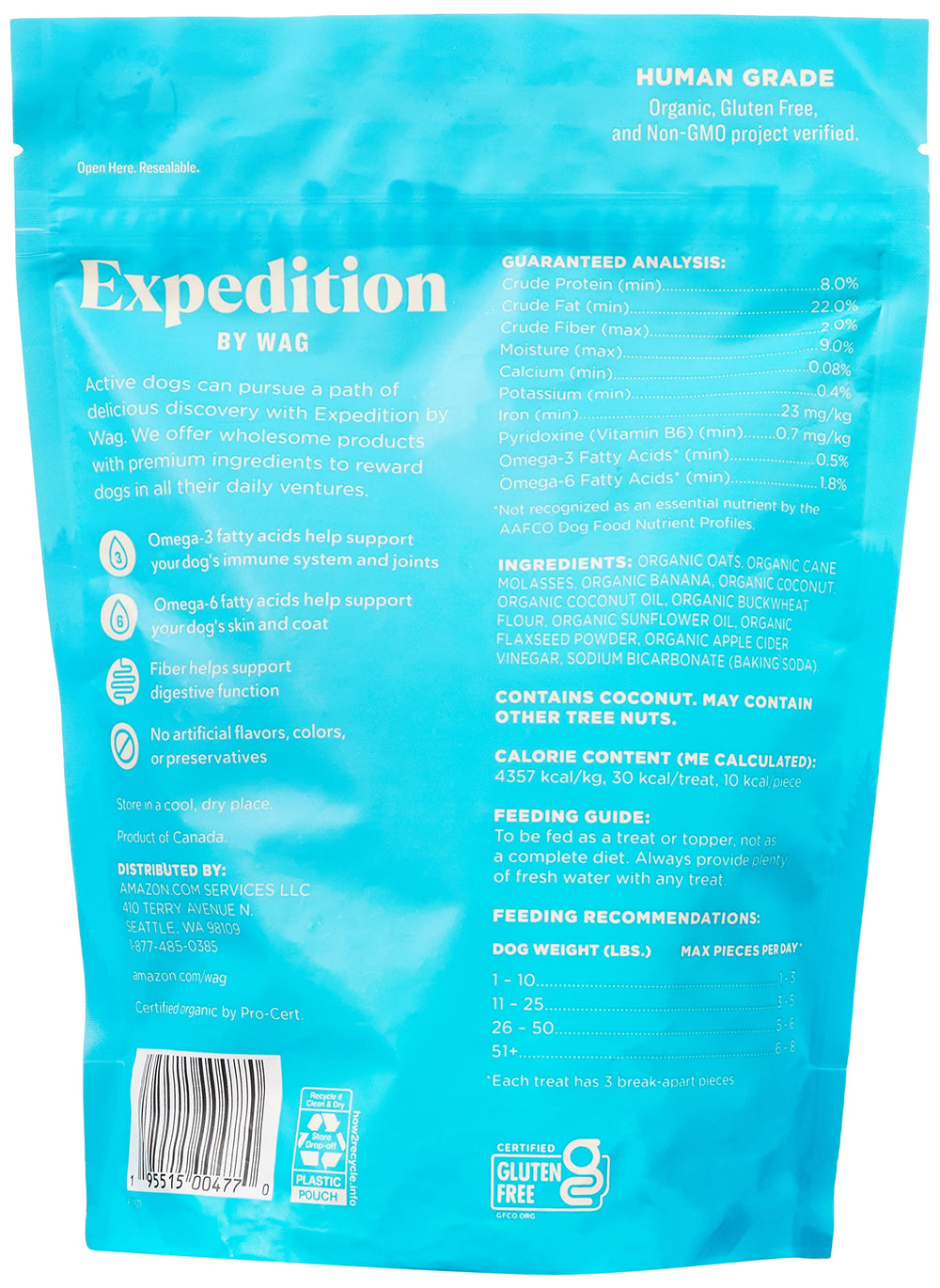 Envase Wag Expedition de 10oz, galletas para perros, práctica recompensa.