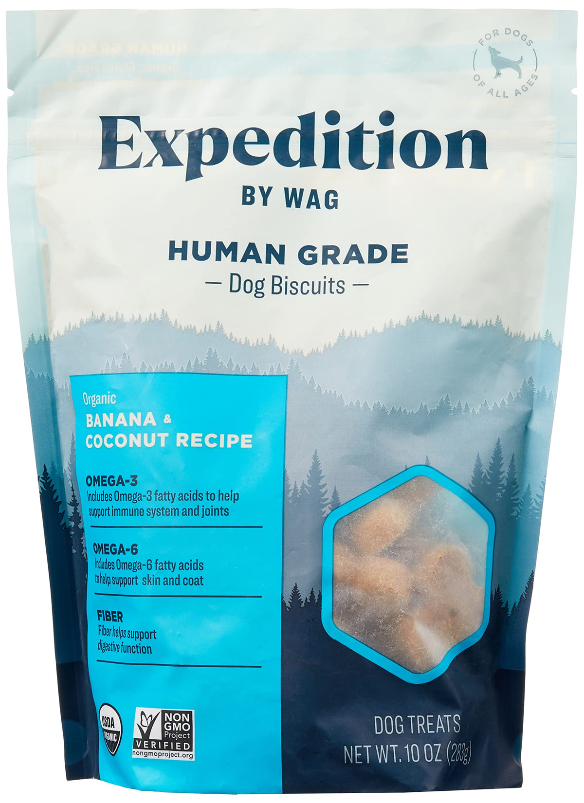 Galletas orgánicas Wag Expedition para perros con banana y coco, snack saludable.