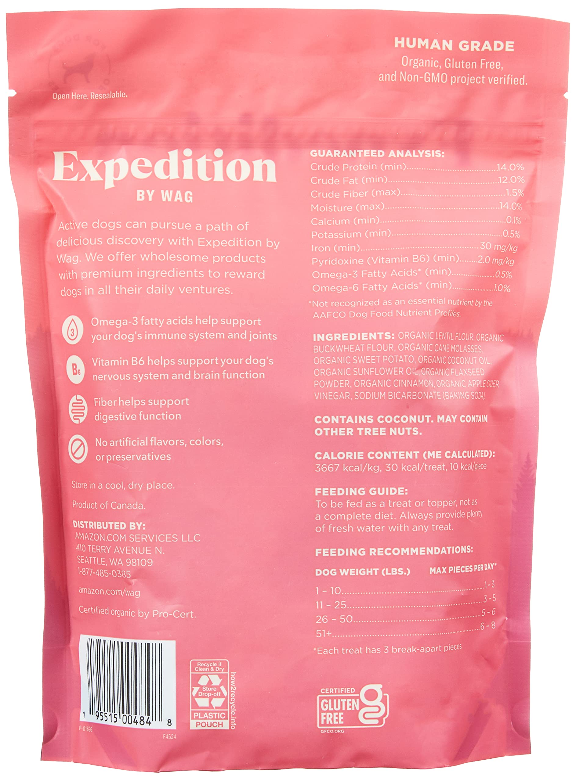 WAG Expedition snack para perros omega-3 y fibra, uso diario recomendado.