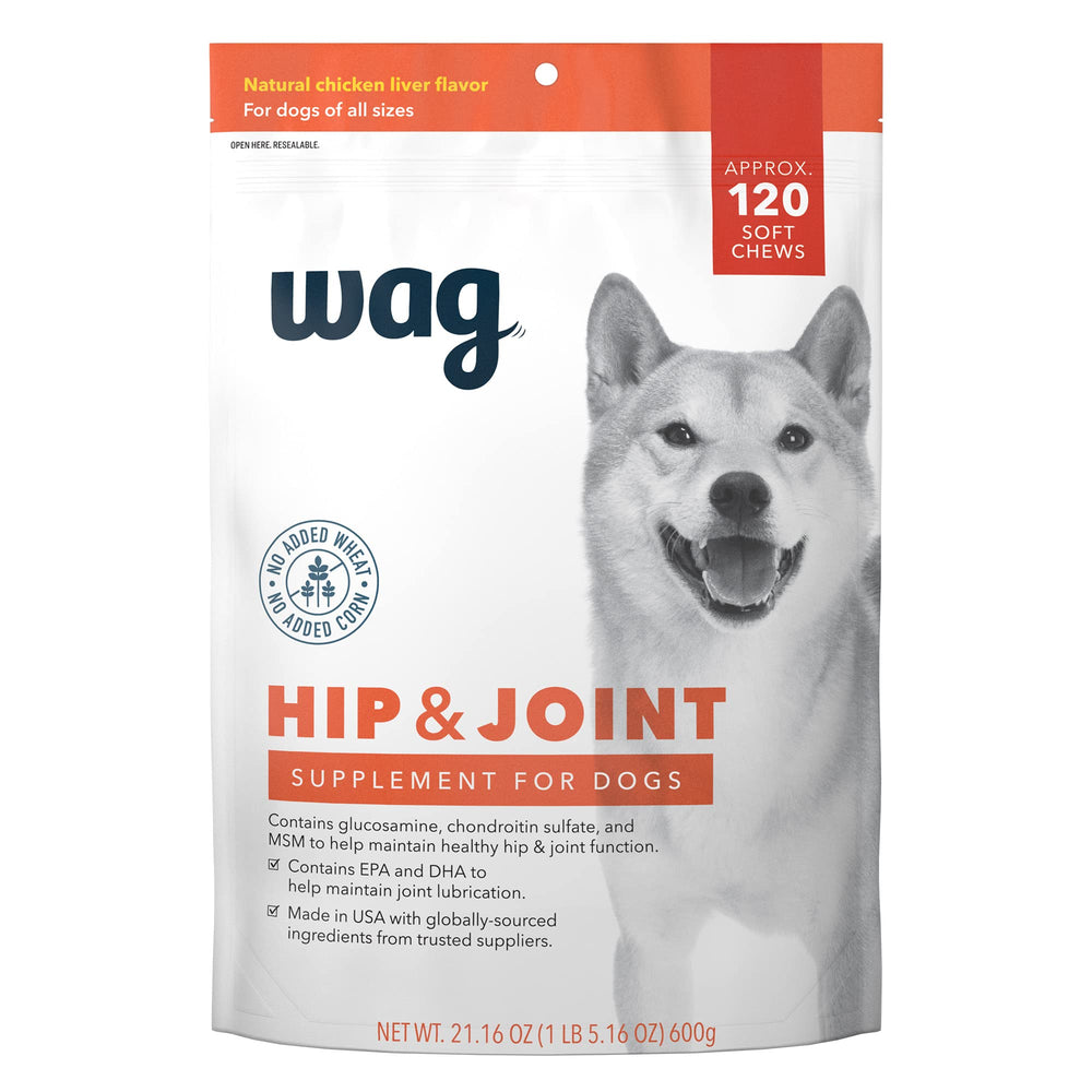WAG Hip & Joint Soft Chews en envase, apoyo a la movilidad diaria del perro