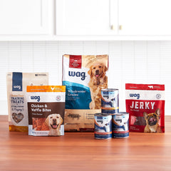 WAG jerky de res americano para perro, ideal como premio.