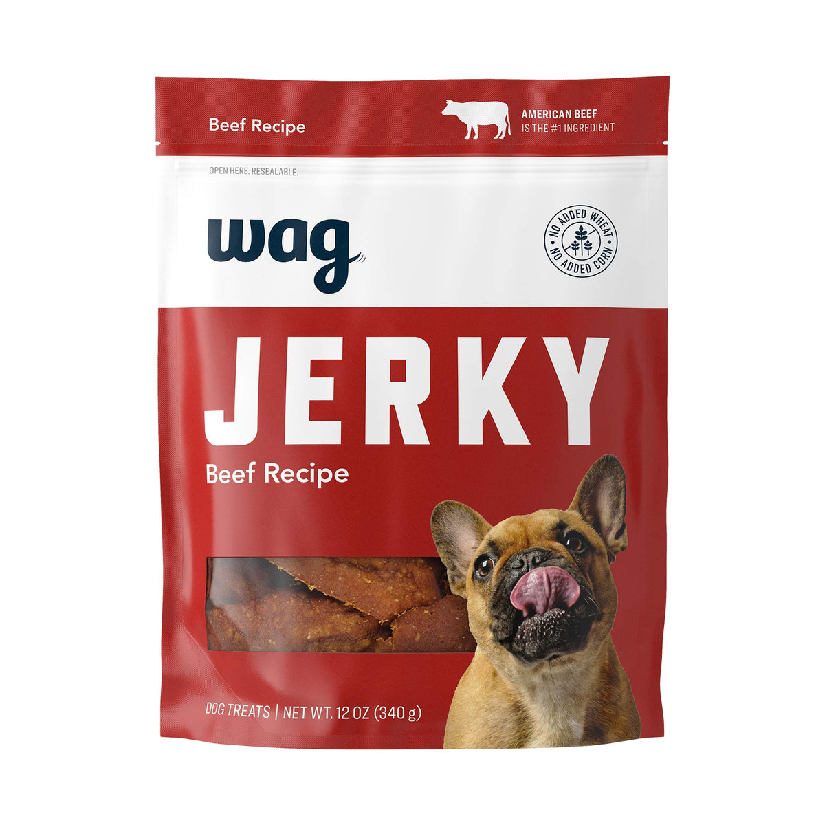 Wag Soft & Tender beef jerky treats in resealable bag; easy to chew and break