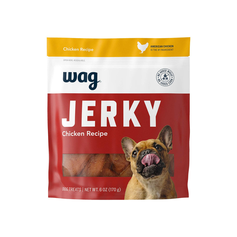 Wag tiras de pollo para perros en empaque, tentempié premium y conservación fácil.