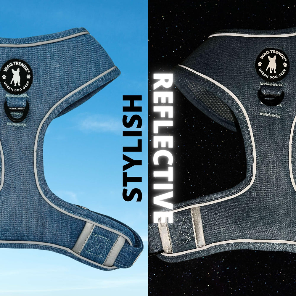 Arnés Wag Trendz con interior de malla y exterior de denim para comodidad.
