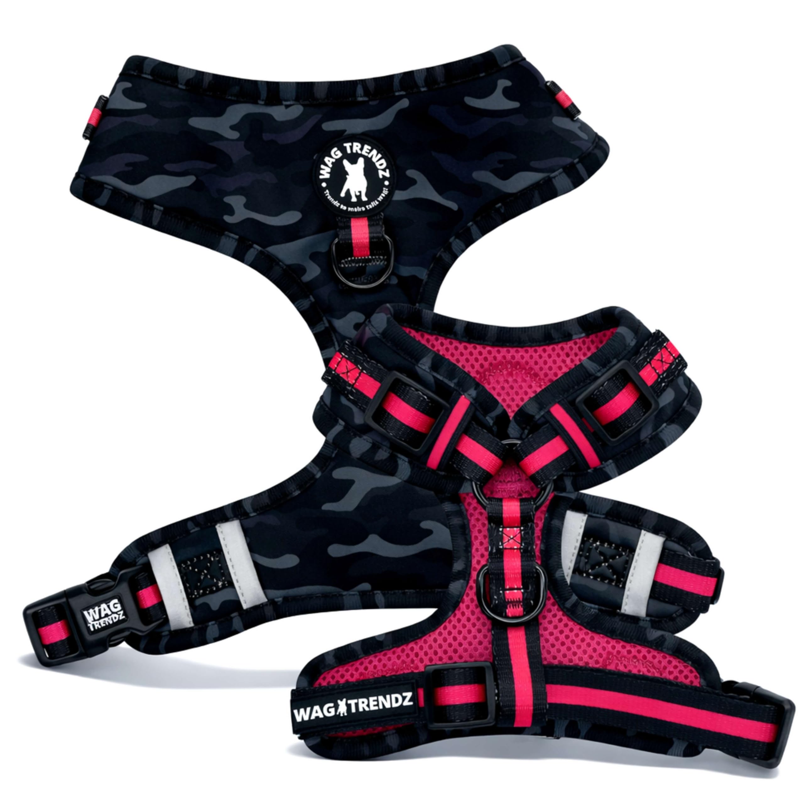 Wag Trendz arnés tamaño medio camuflaje rosa, seguridad y estilo para paseos.