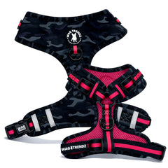 Wag Trendz arnés tamaño medio camuflaje rosa, seguridad y estilo para paseos.