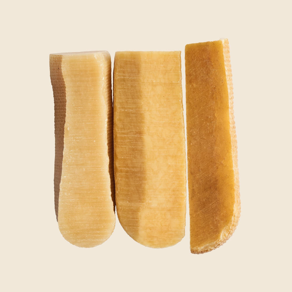 WAG Yak Cheese chew demonstrating plaque scraping action for oral care.