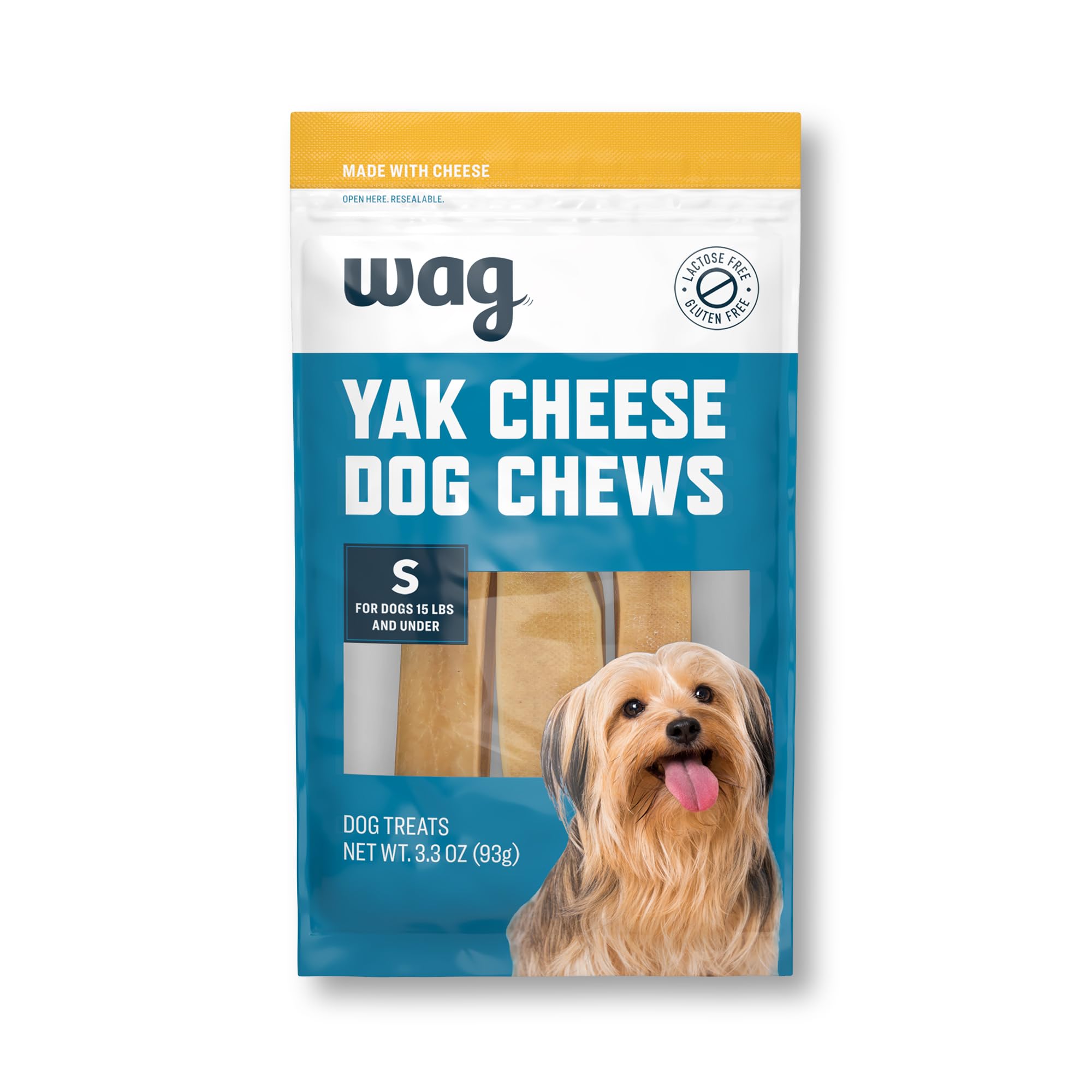 WAG Yak Cheese small chew—2.5 inches, ideal for small dogs and long-lasting engagement.
