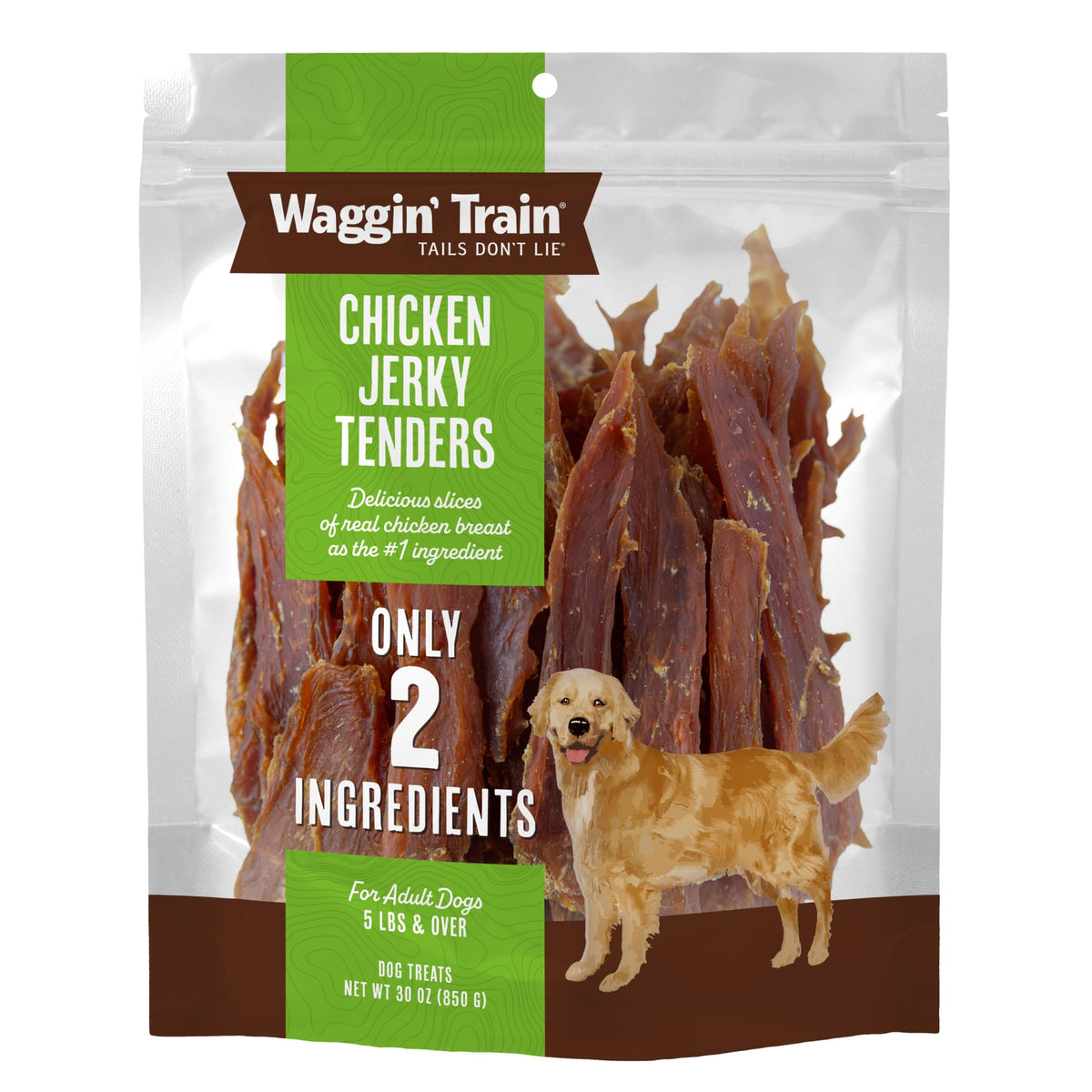 Waggin' Train bolsa 30oz de pollo, snack práctico para perros activos.