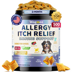 Wagmee pastillas alergia perro sabor pollo krill, alivio práctico para picor estacional.
