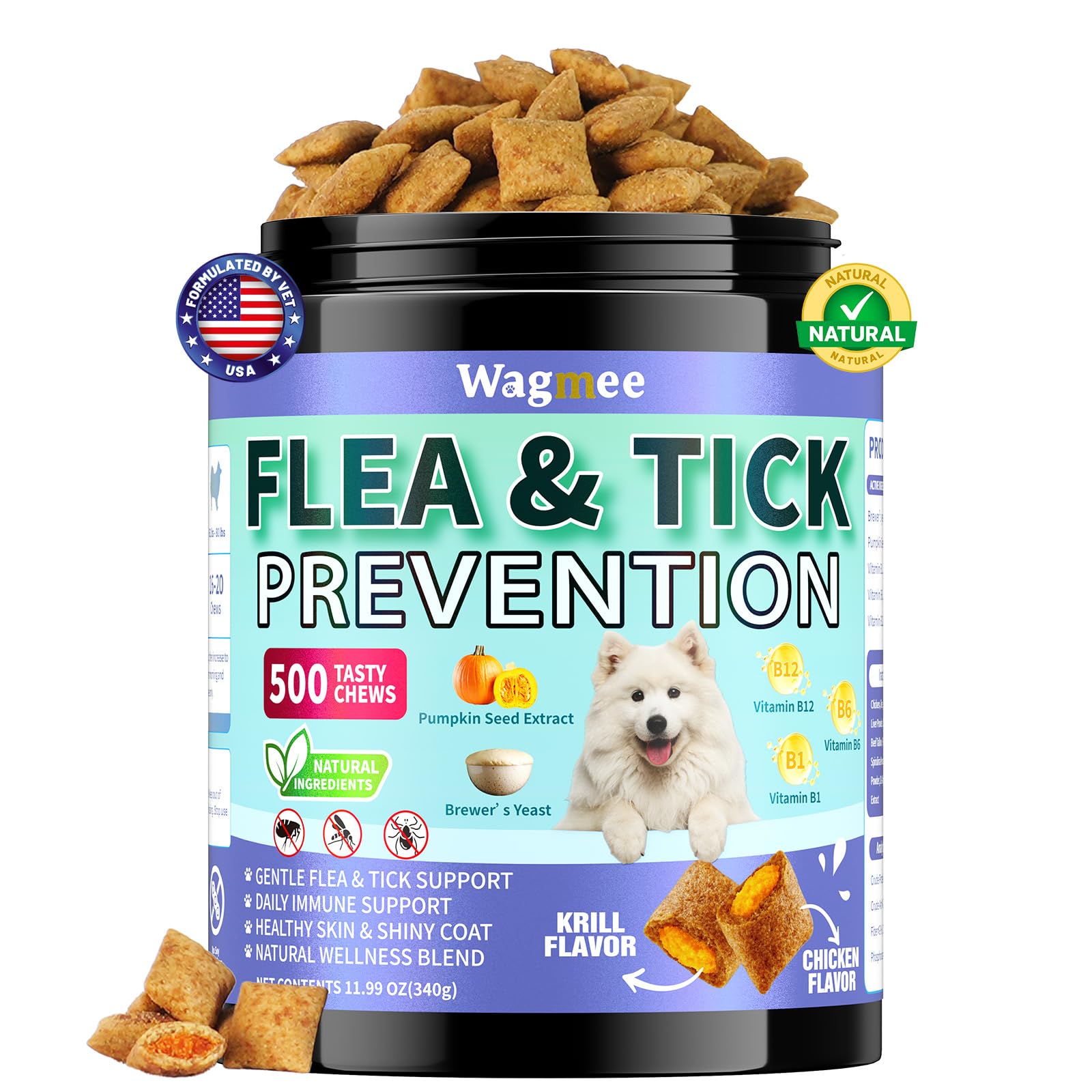 Wagmee envase: masticables para pulgas y garrapatas que simplifican la rutina diaria.