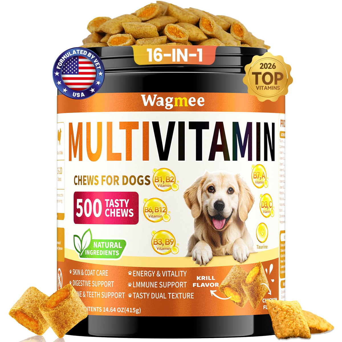 Wagmee vitaminas para perros, botella de bombones, apoyo general y energía diaria.