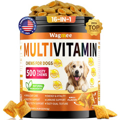 Wagmee vitaminas para perros, botella de bombones, apoyo general y energía diaria.