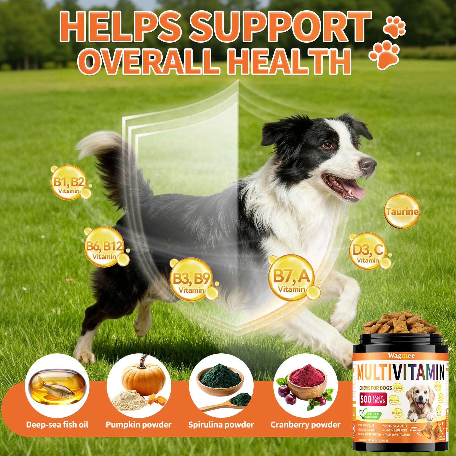 Wagmee vitaminas para perros, omega-3 de krill para piel y pelaje.