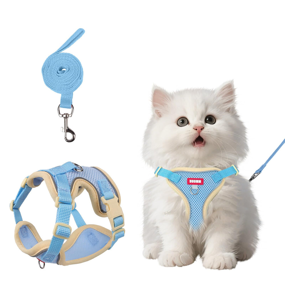 Arnés Wanheart azul ajustable para gatos, ideal para paseos cómodos.