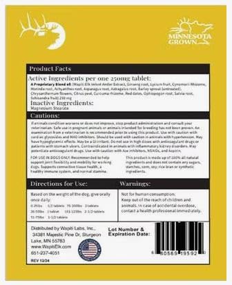 Wapiti Labs tabletas movilidad perros, enfoque en ingredientes con ginseng, posible apoyo a la vitalidad.