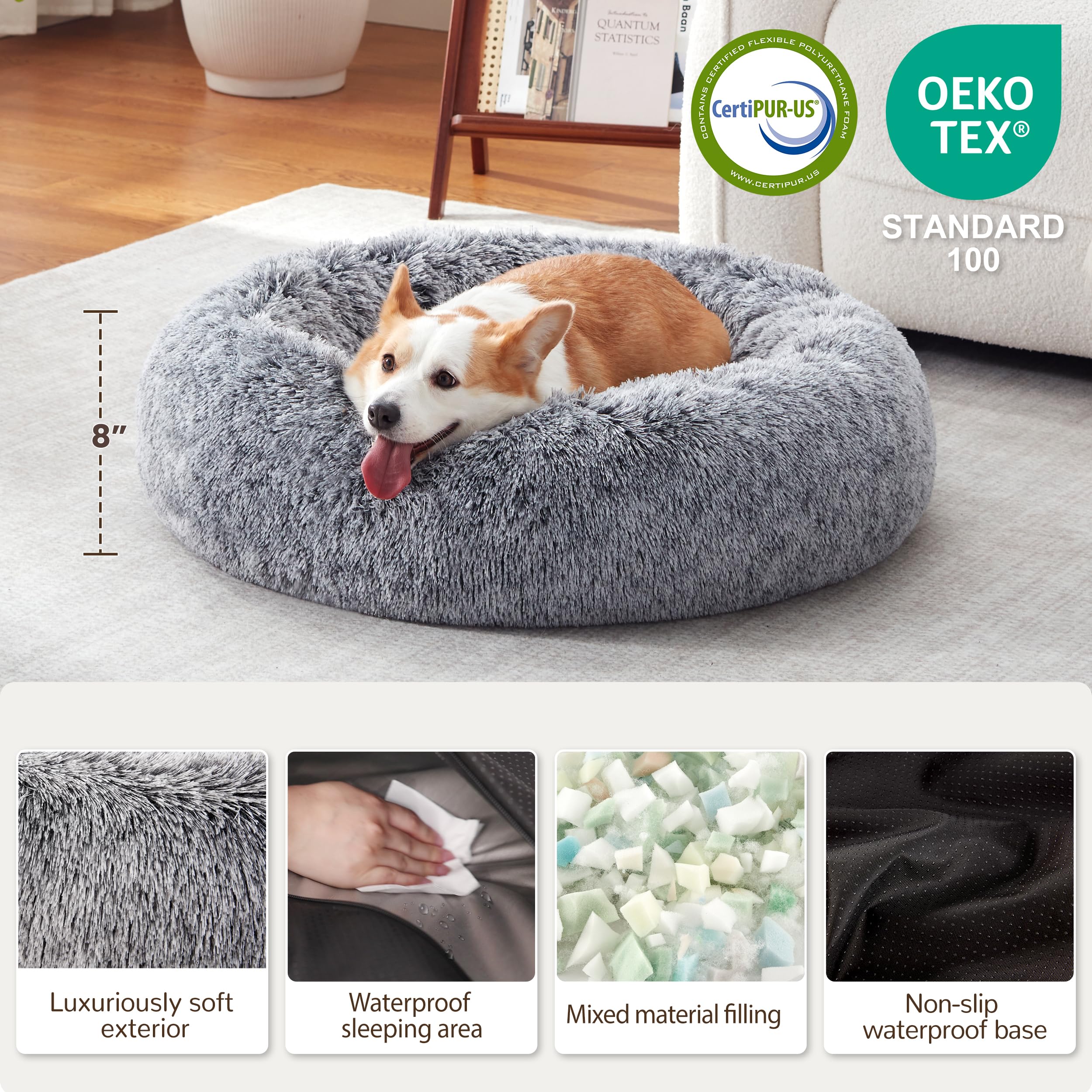Warmrest Cama Donut Gris: felpa sintética suave para descanso agradable.