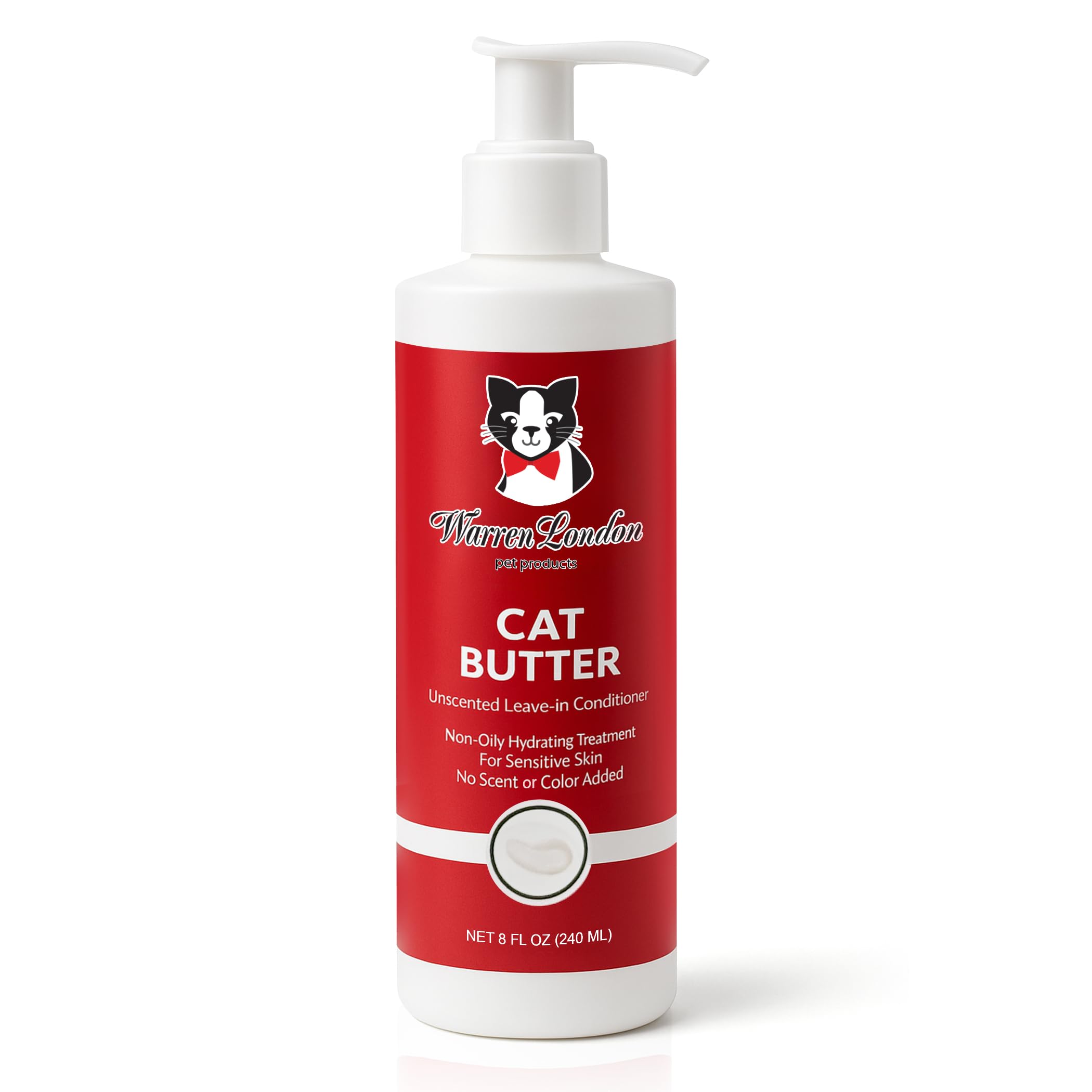 Mantequilla hidratante para gatos de Warren London, enfoque en la botella para hidratación profunda.