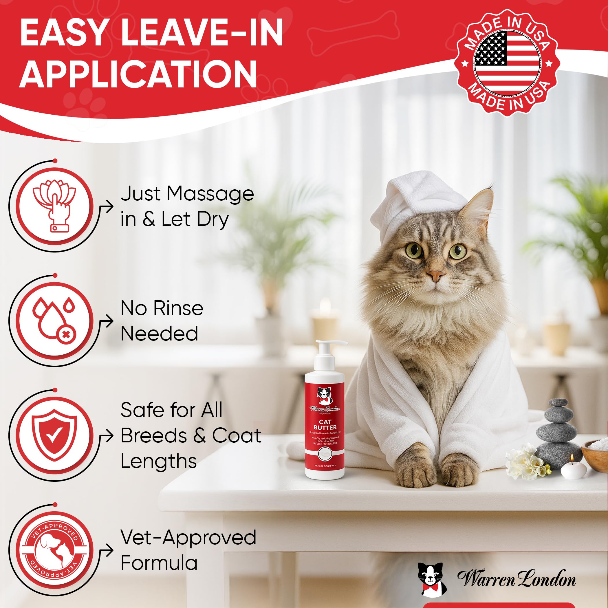 Pelaje de gato suave y brillante gracias a la Mantequilla Hidratante de Warren London.