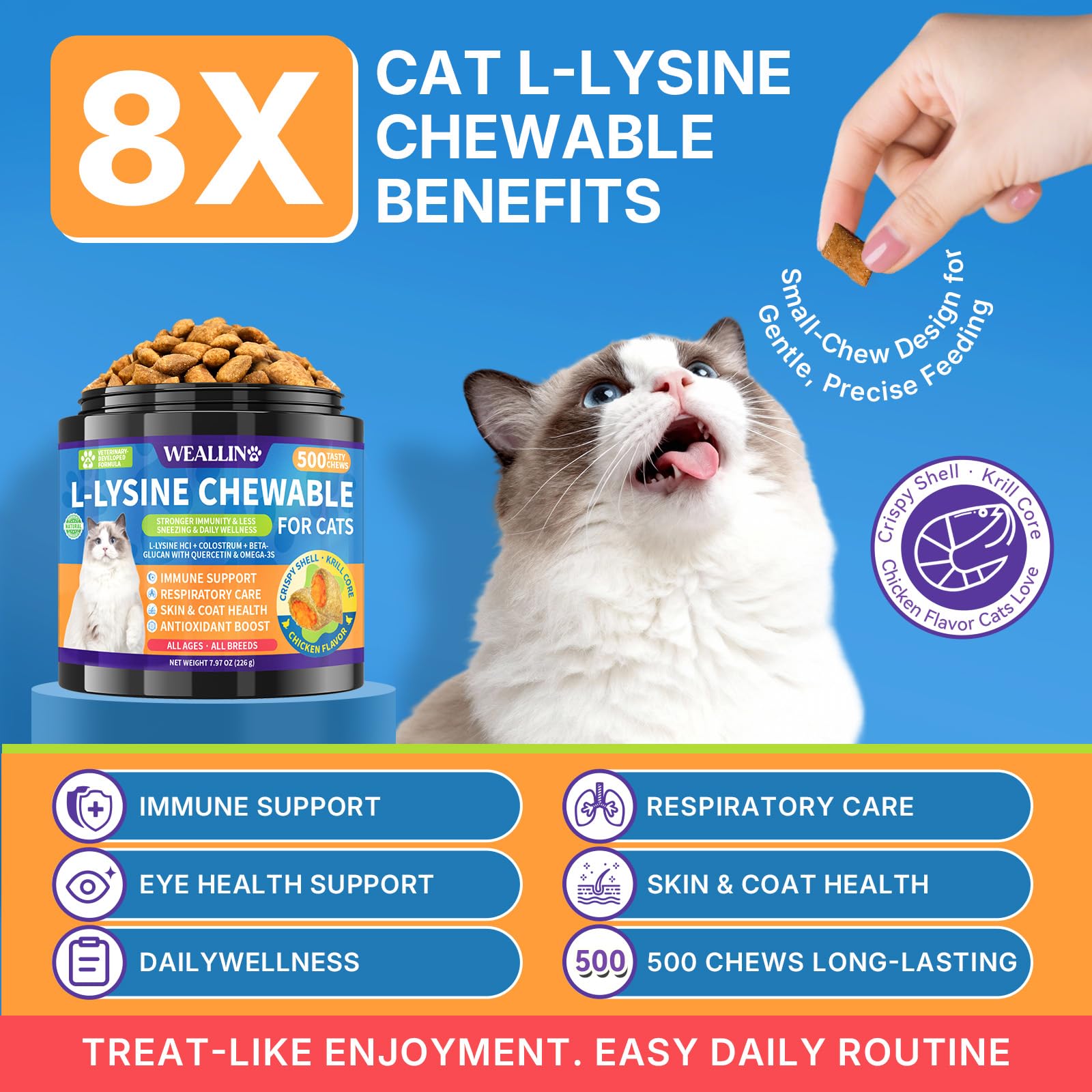 WEALLIN L-lisina para Gatos: sabor pollo y cáscara crujiente para digestión suave.