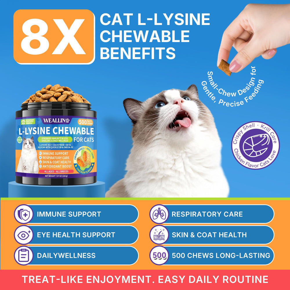 WEALLIN L-lisina para Gatos: sabor pollo y cáscara crujiente para digestión suave.