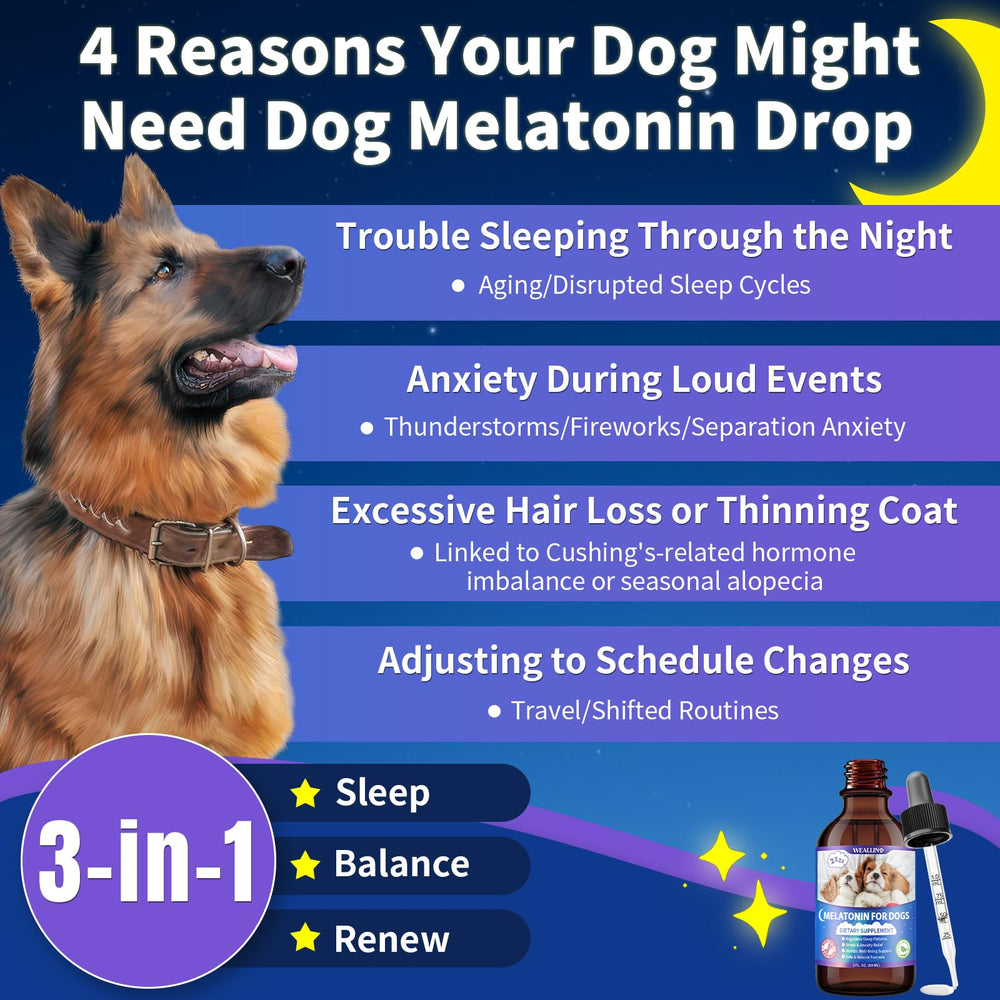 WEALLIN Melatonina para perros, gotero incluido, dosis fáciles para calmar.