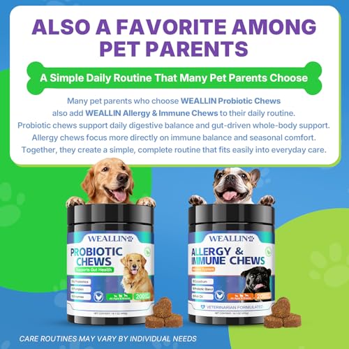 WEALLIN probióticos para perros cuidado de piel y sistema digestivo en una gomita diaria.