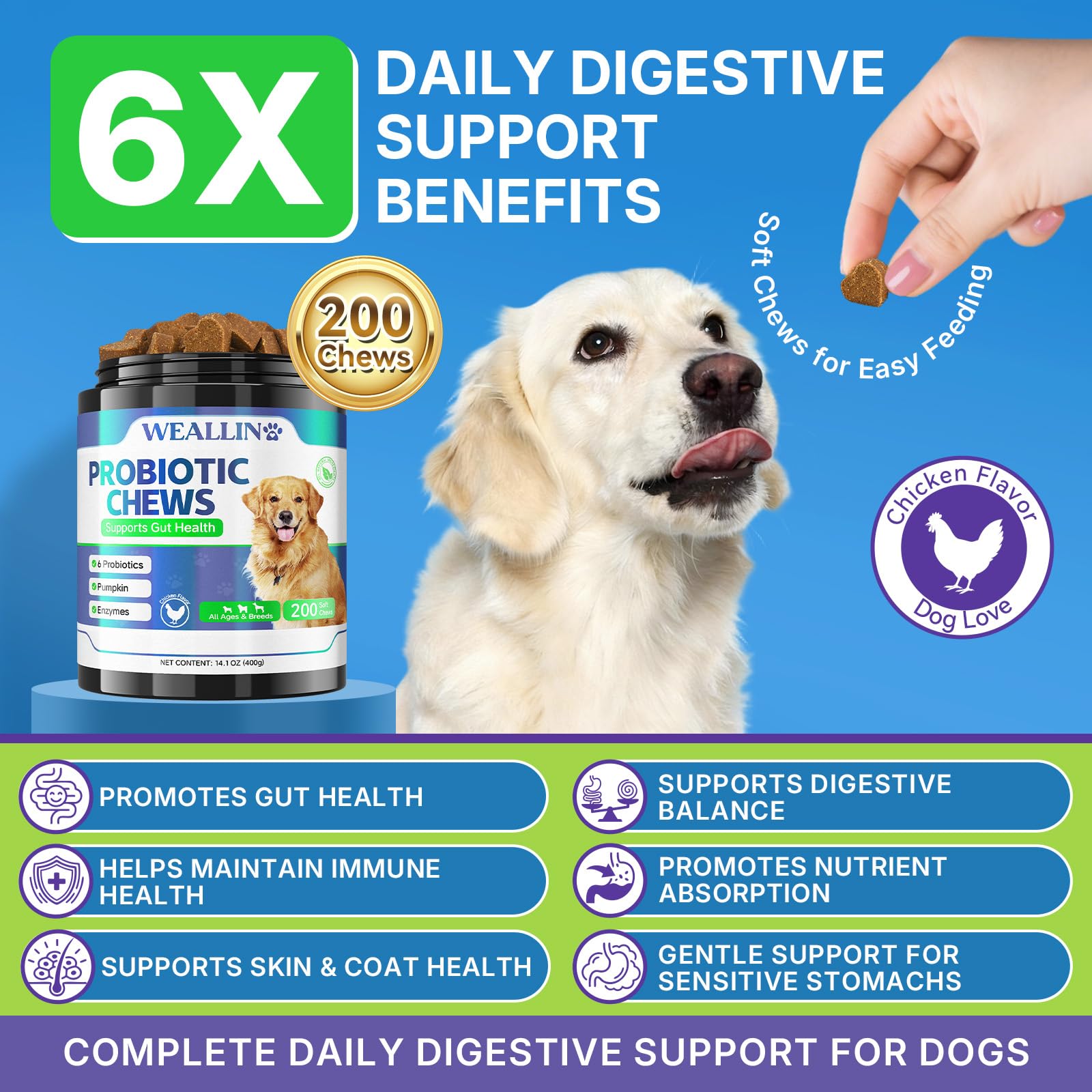 WEALLIN probióticos para perros gomitas sabor pollo, fácil de administrar para la digestión.