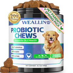 WEALLIN probióticos para perros en frasco 200 gomitas masticables para apoyo digestivo diario.
