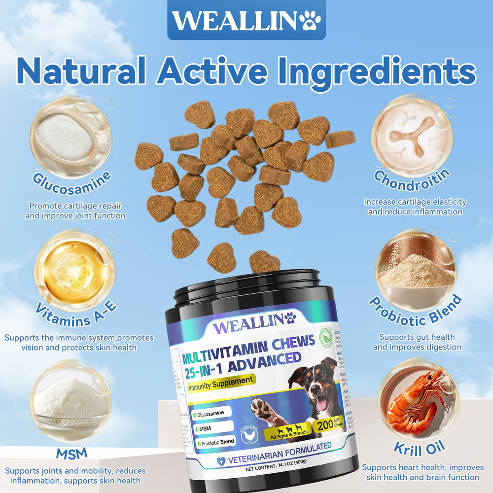 WEALLIN vitaminas para perros, etiqueta de la botella con instrucciones claras de uso.