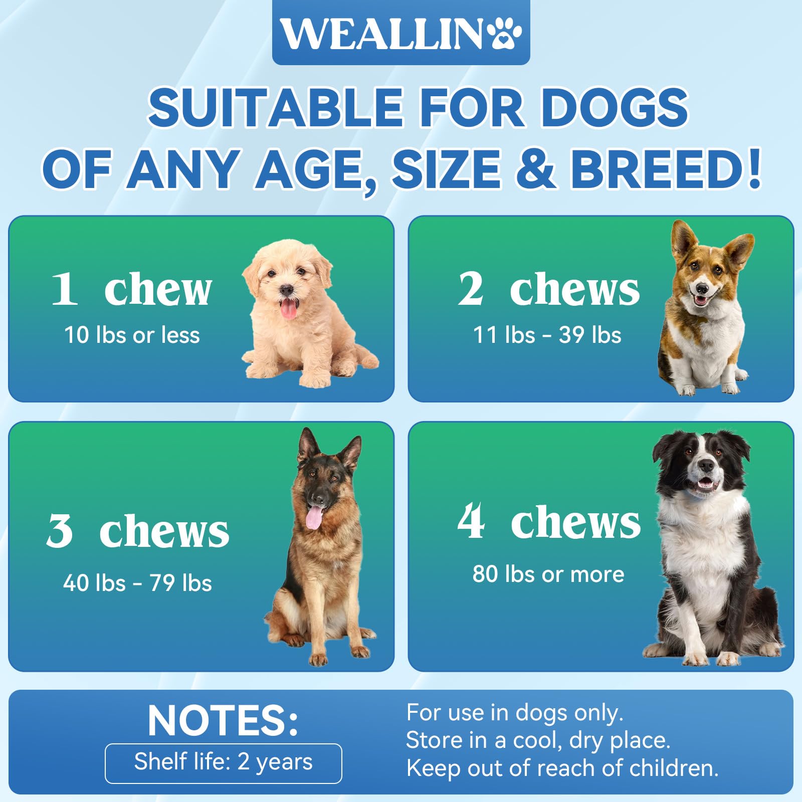 WEALLIN vitaminas para perros, pelo brillante y piel saludable como resultado de su fórmula.