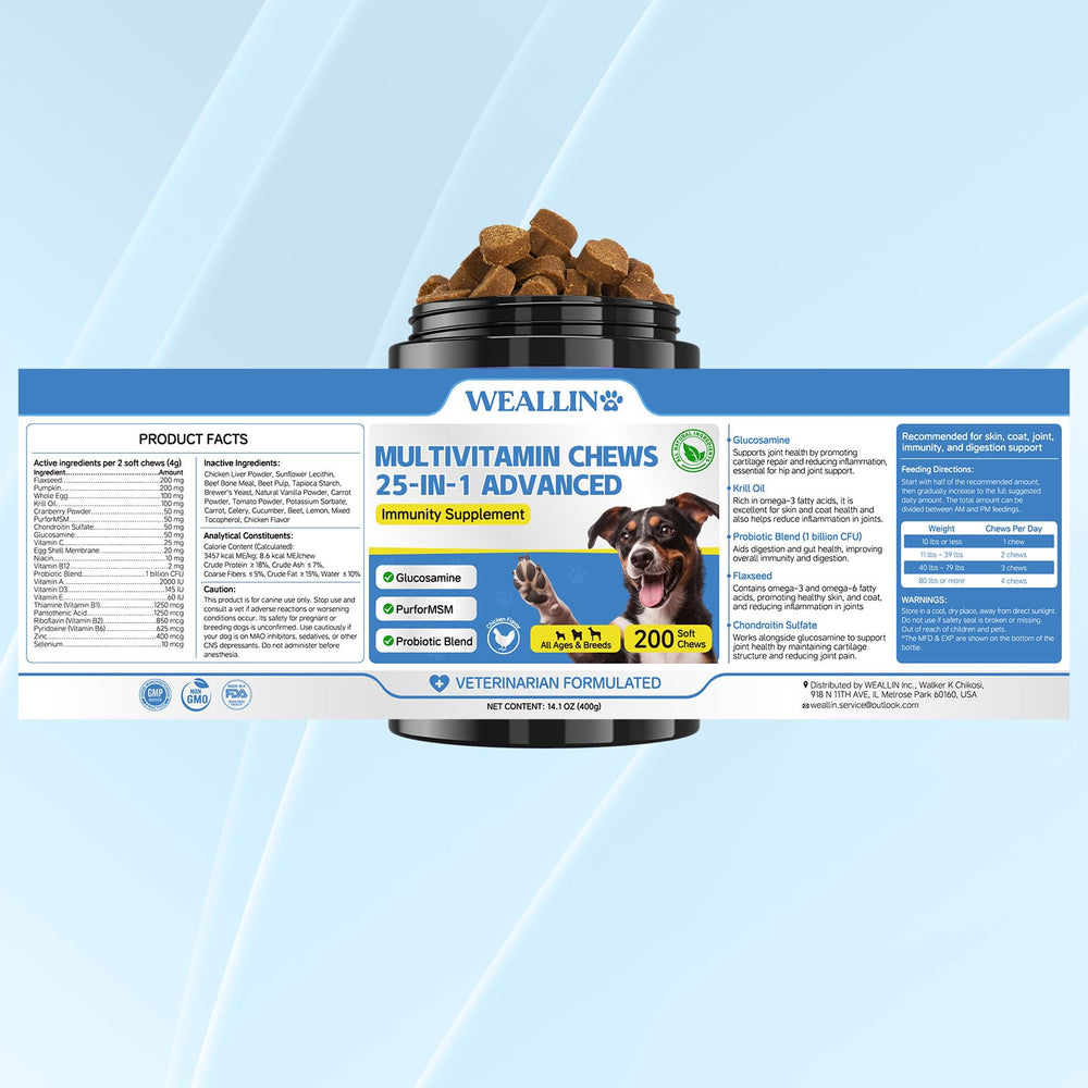 WEALLIN vitaminas para perros, sabor pollo que facilita la hora de la comida.