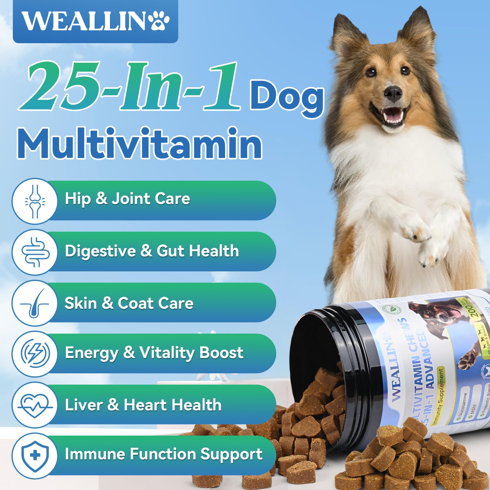 WEALLIN vitaminas para perros, tabletas masticables con sabor a pollo para administración diaria.