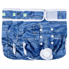 Pañales lavables Wegreeco para perro femenino en color azul vaquero, ajuste cómodo para uso diario.