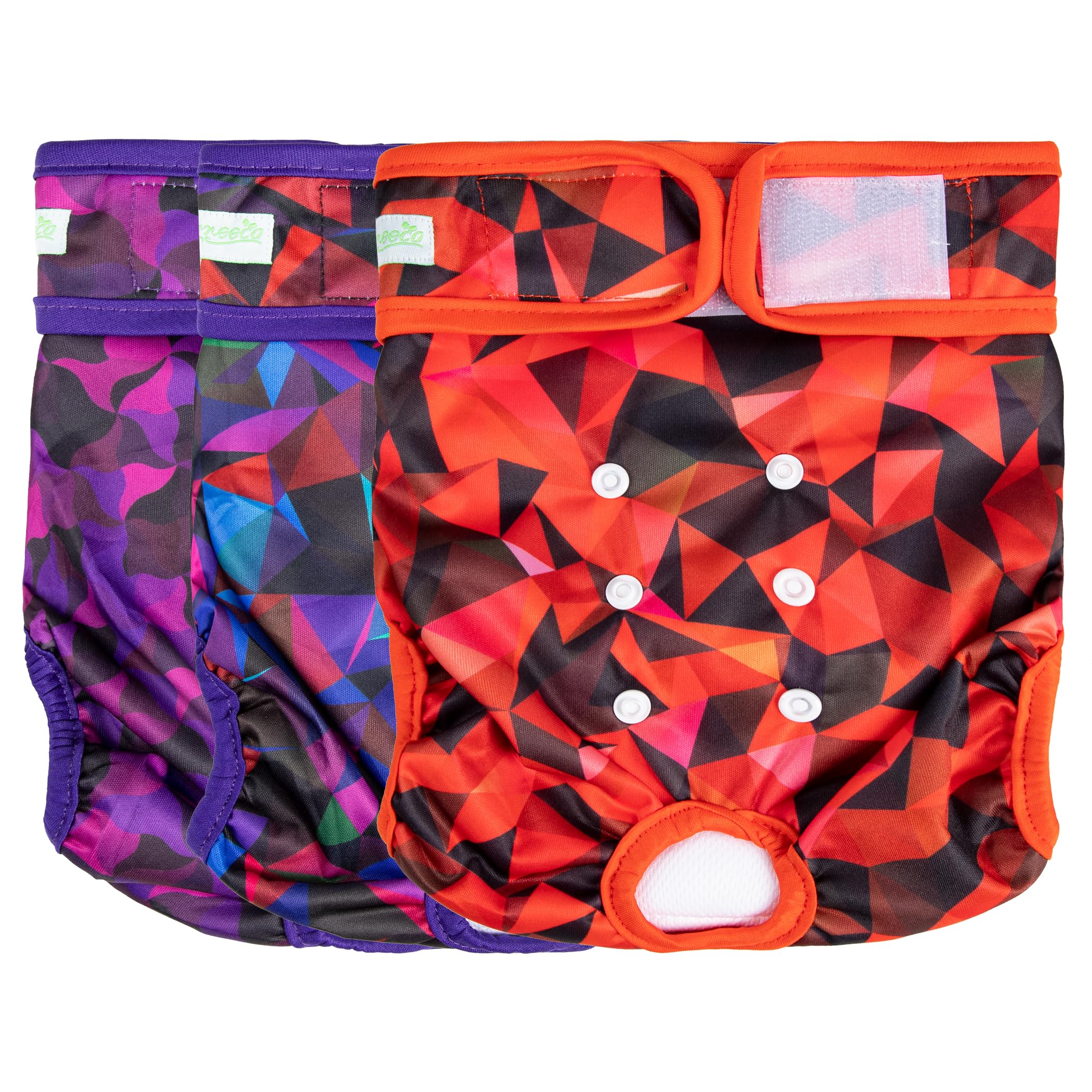 Pañales Wegreeco para perra con diseño abstracto morado, reutilizables para uso diario.